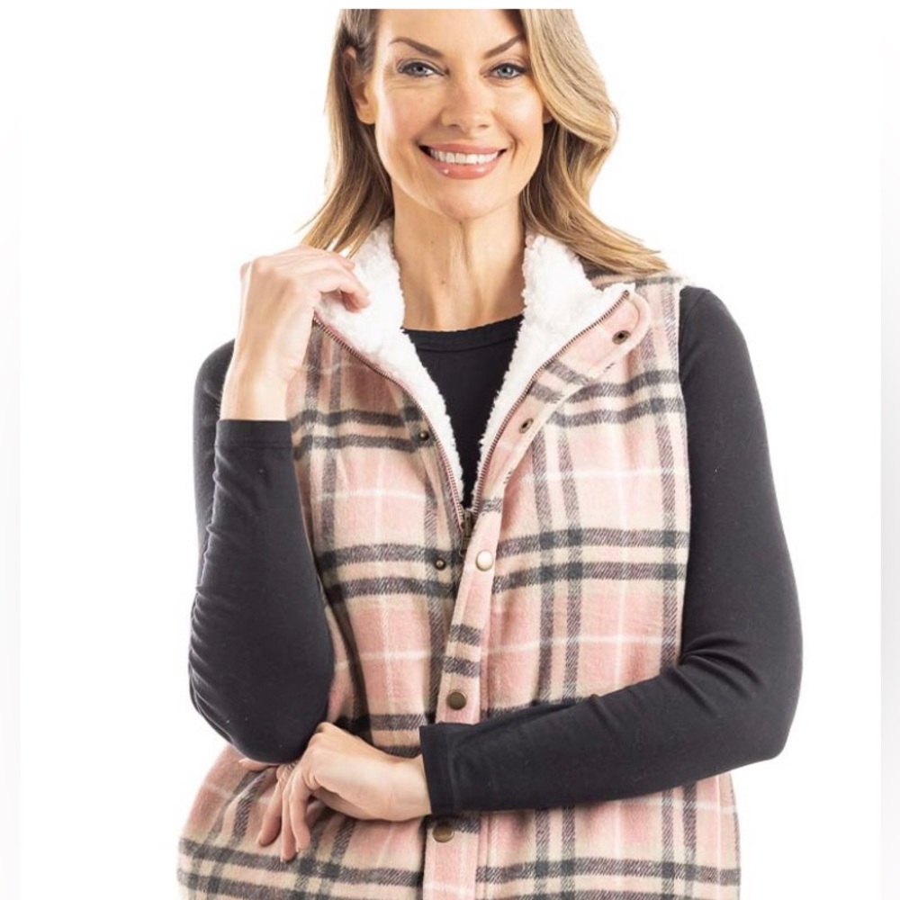 NWT Katydid Pink Gray Plaid Fleeced Lined Vest Sz L